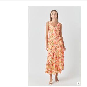 Endless Rose Sleeveless Scoop-Neck A-Line Midi Dress Floral Orange S